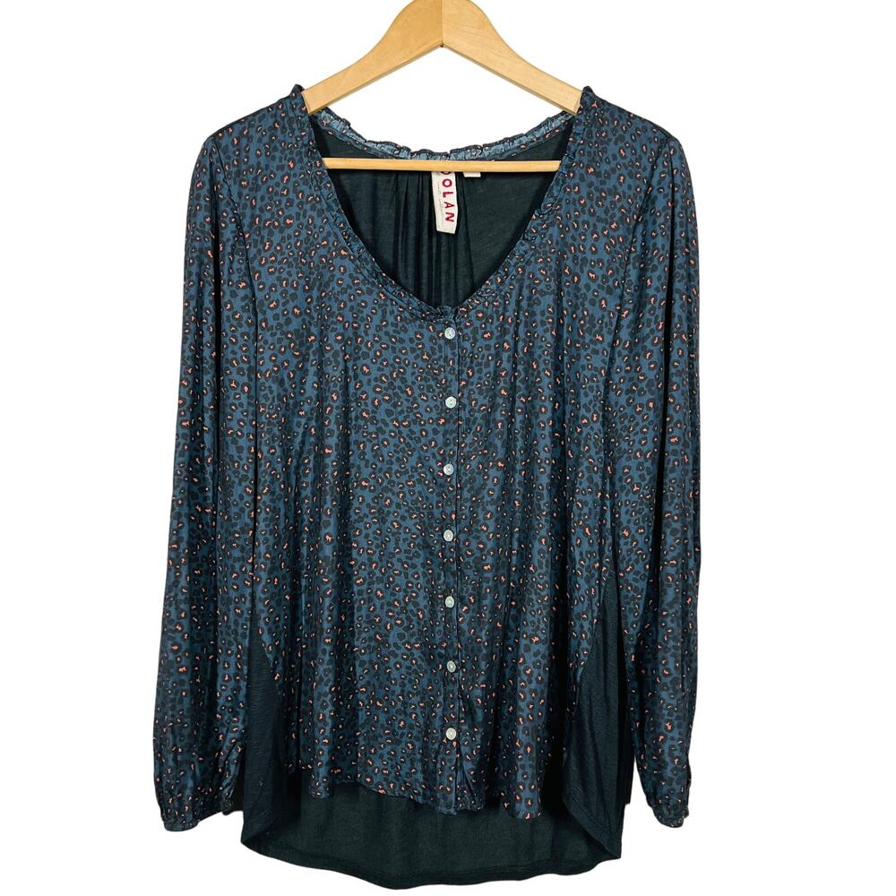 Dolan x Anthropologie Button Up Scoop Neck Blouse Peasant Top Animal Print - L